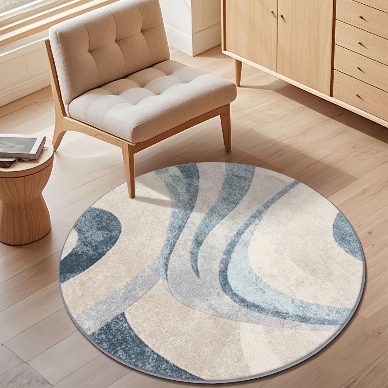 Printed Rug Abstract - Alfombra Redonda Minimalista Azul Beige con